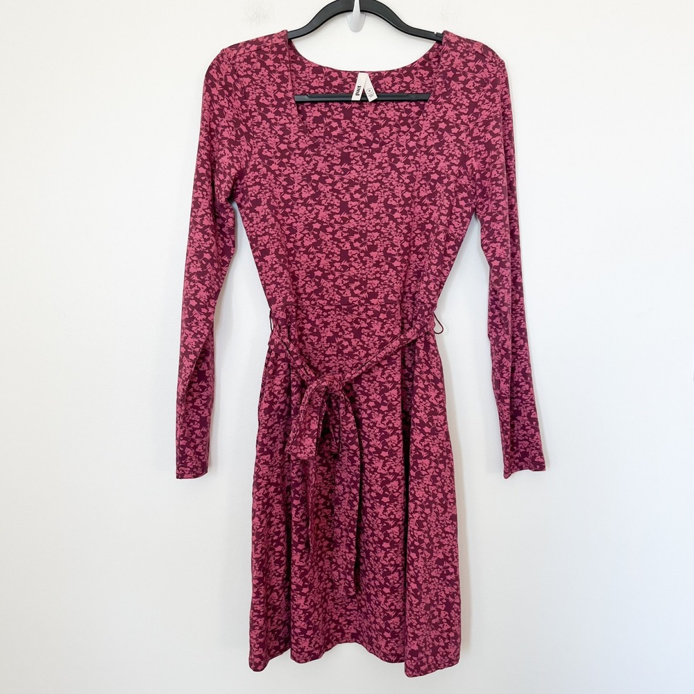 Pact Organic Scoop Neck Fit & Flare Floral Dress Pockets Belt Womens Medium Pink